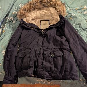 Hollister Navy Jacket with Faux Fur Hood